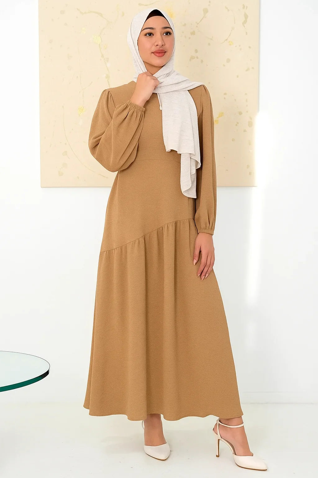 Beige Asymmetrical Hem Maxi Dress