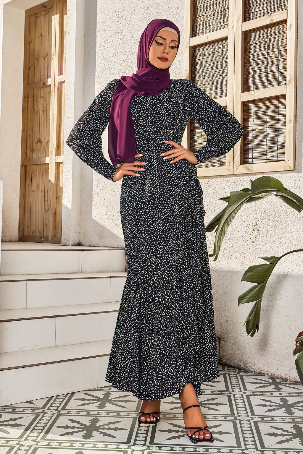 Black Floral Cuff Wrap Maxi Dress