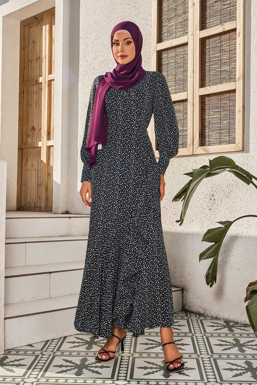 Black Floral Cuff Wrap Maxi Dress