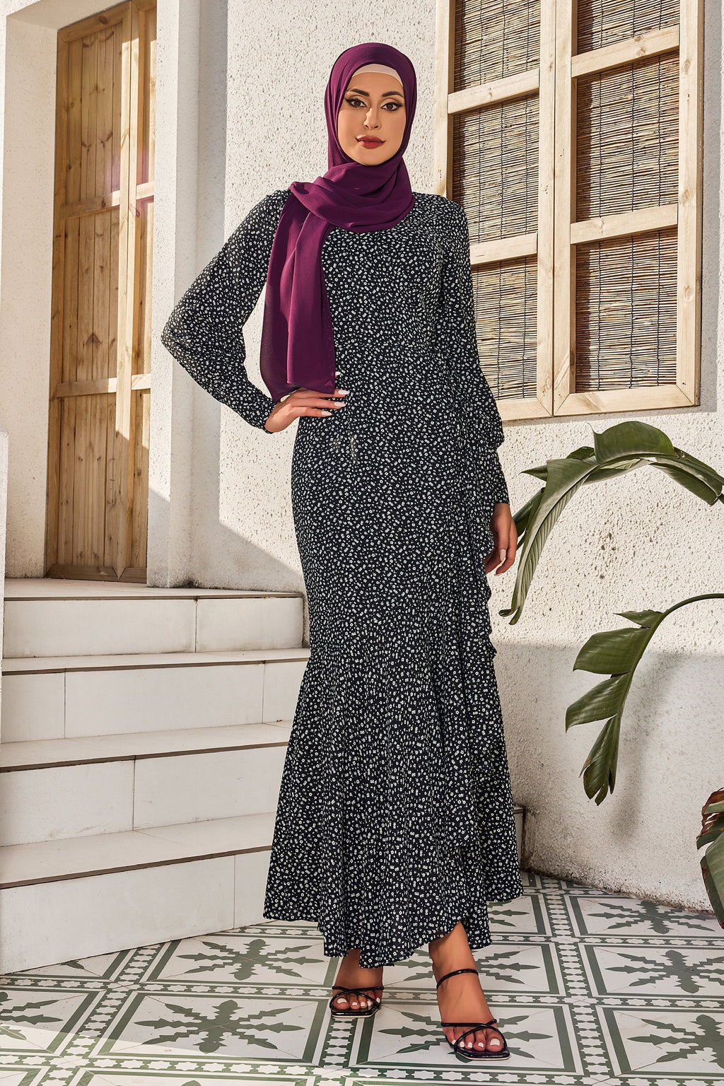 Black Floral Cuff Wrap Maxi Dress