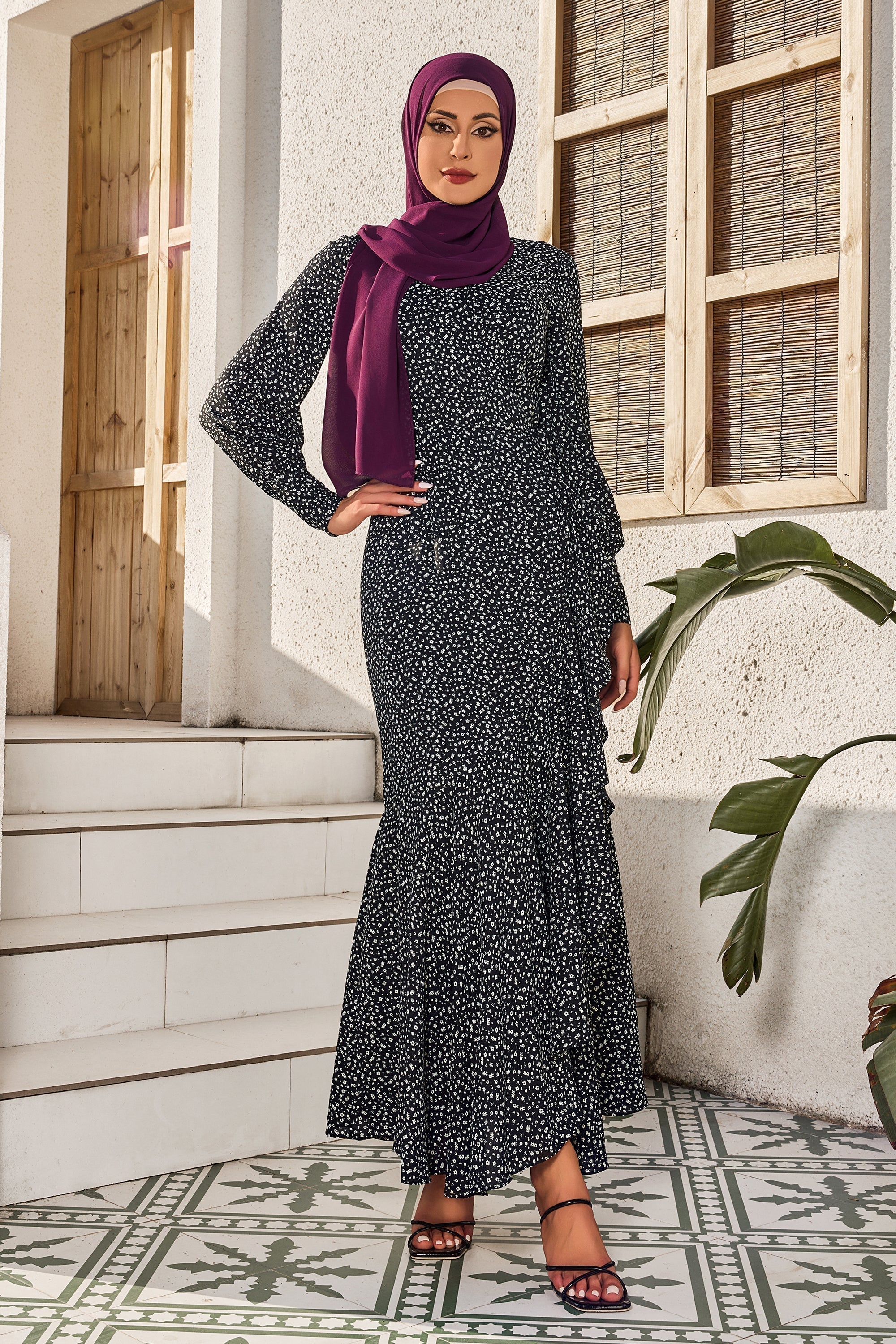 Black Floral Cuff Wrap Maxi Dress