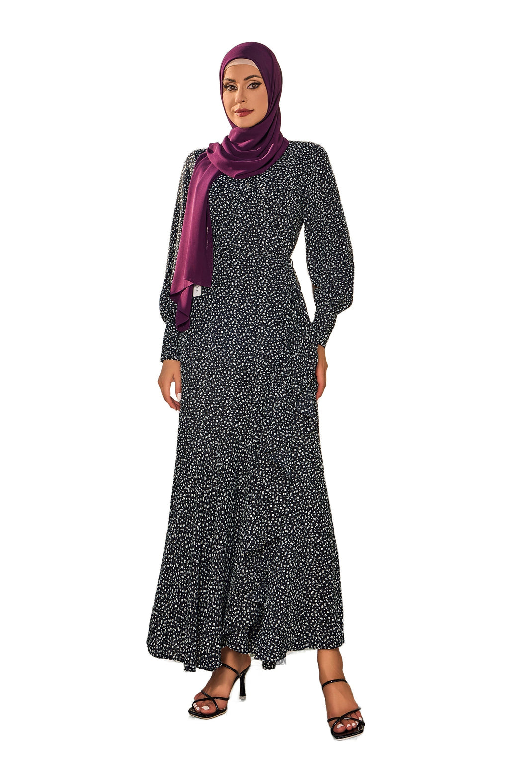 Black Floral Cuff Wrap Maxi Dress