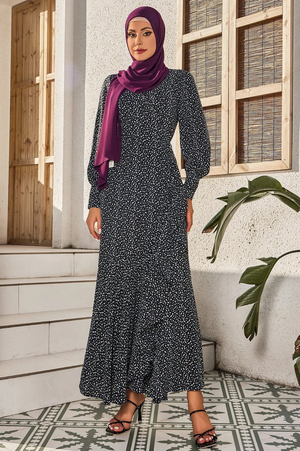 Black Floral Cuff Wrap Maxi Dress