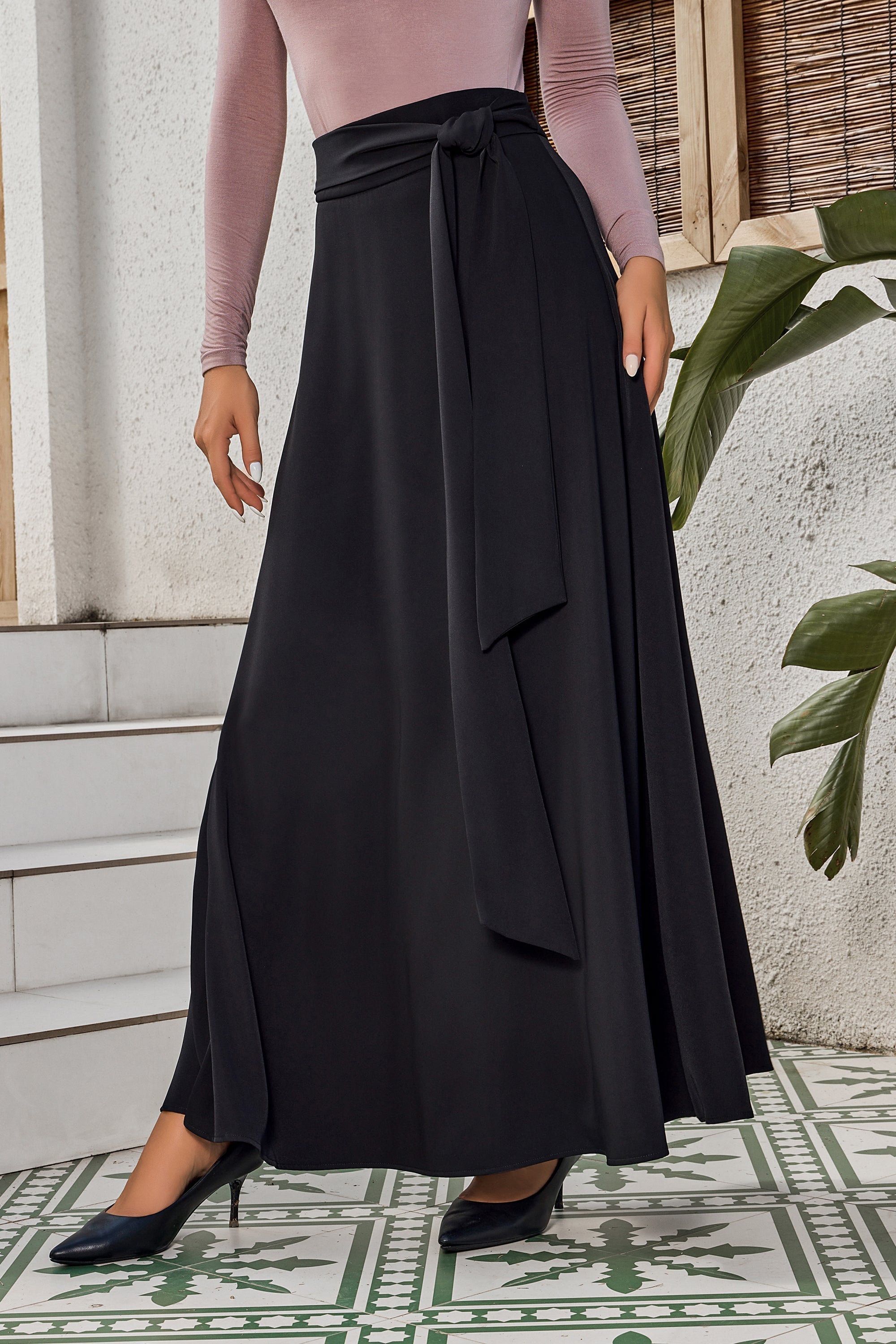 Black Flowy Tie-Belt Maxi Skirt