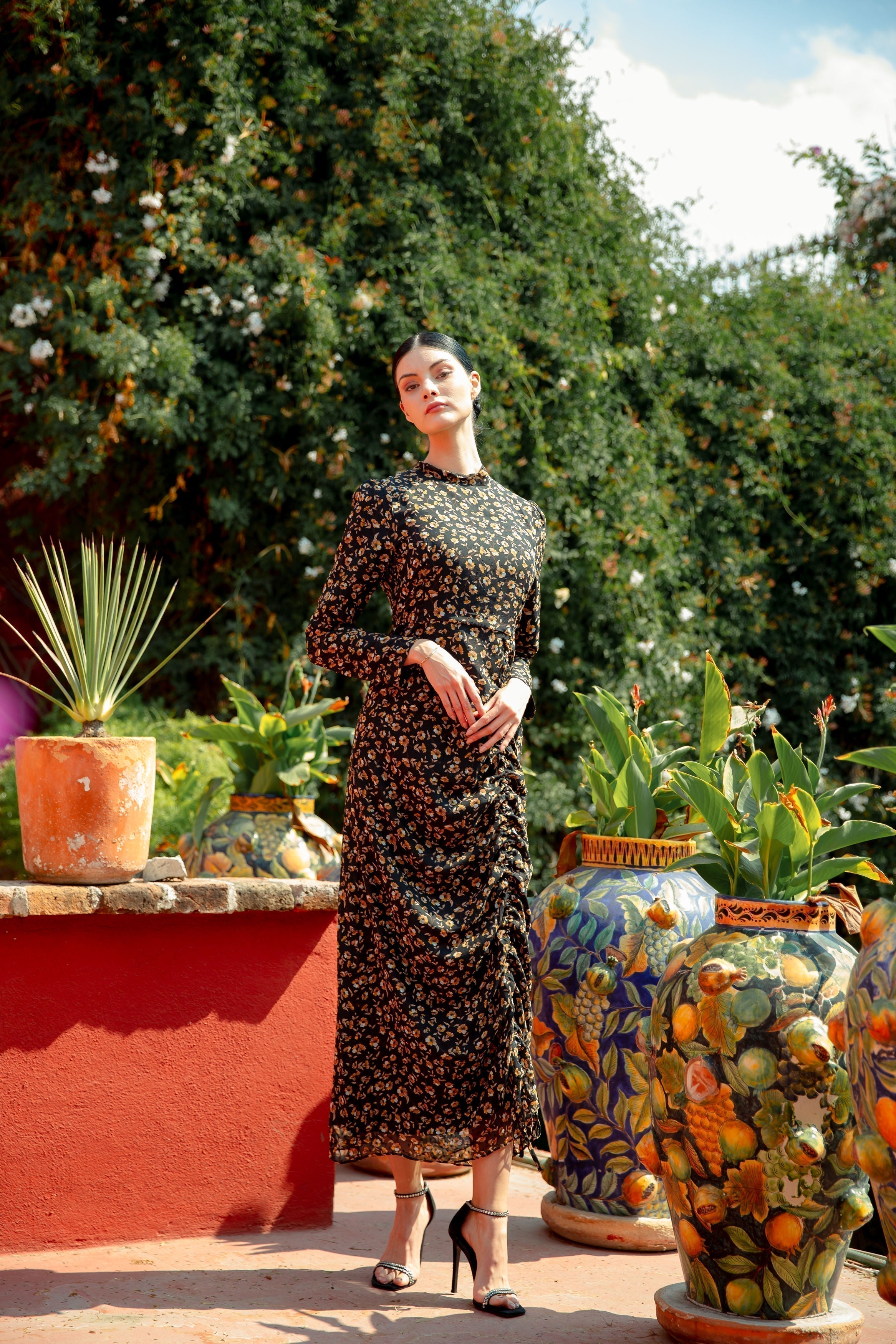 Black ruched floral long sleeve maxi dress on clearance