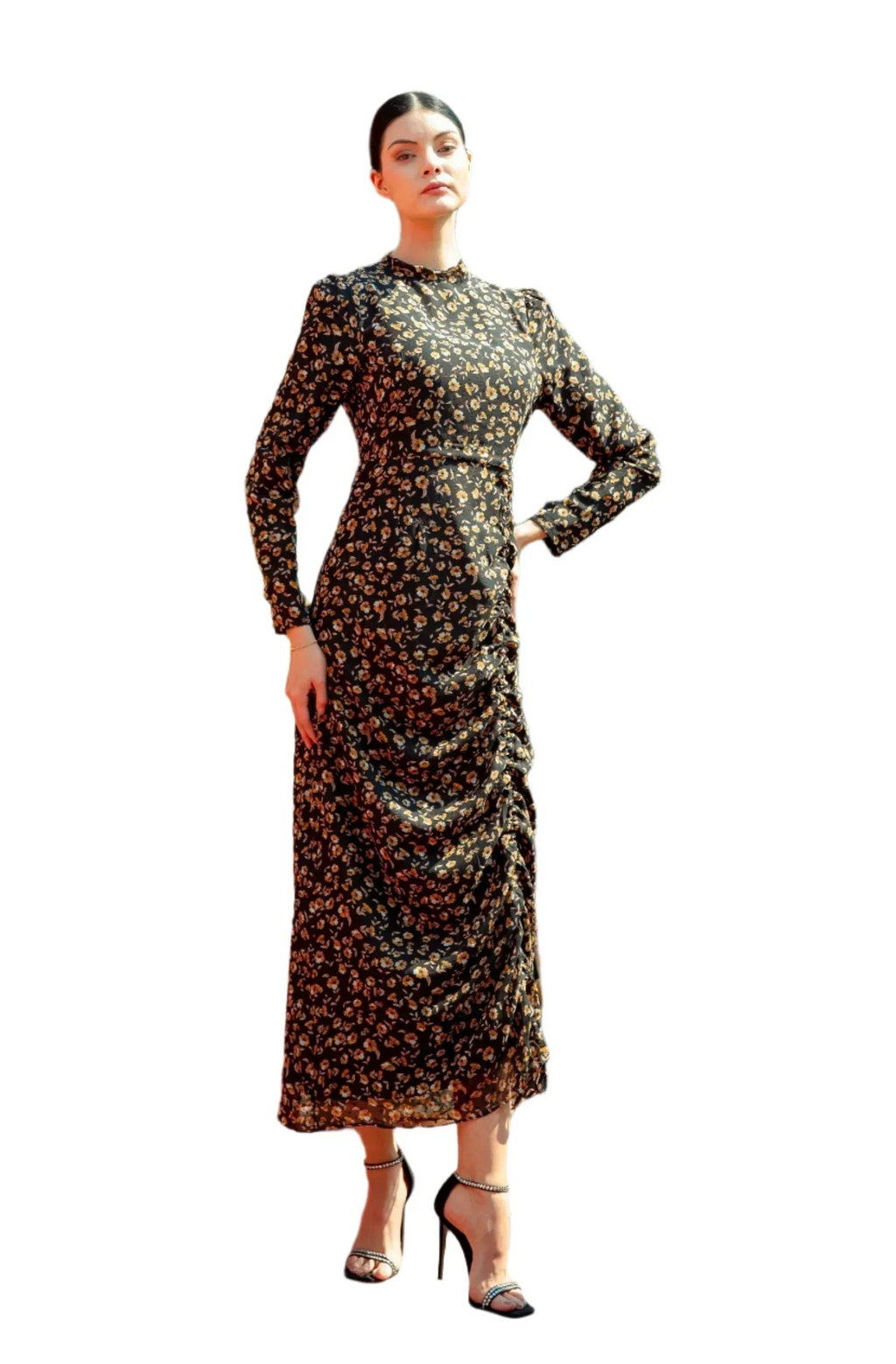 Black ruched floral print long sleeve midi dress on clearance