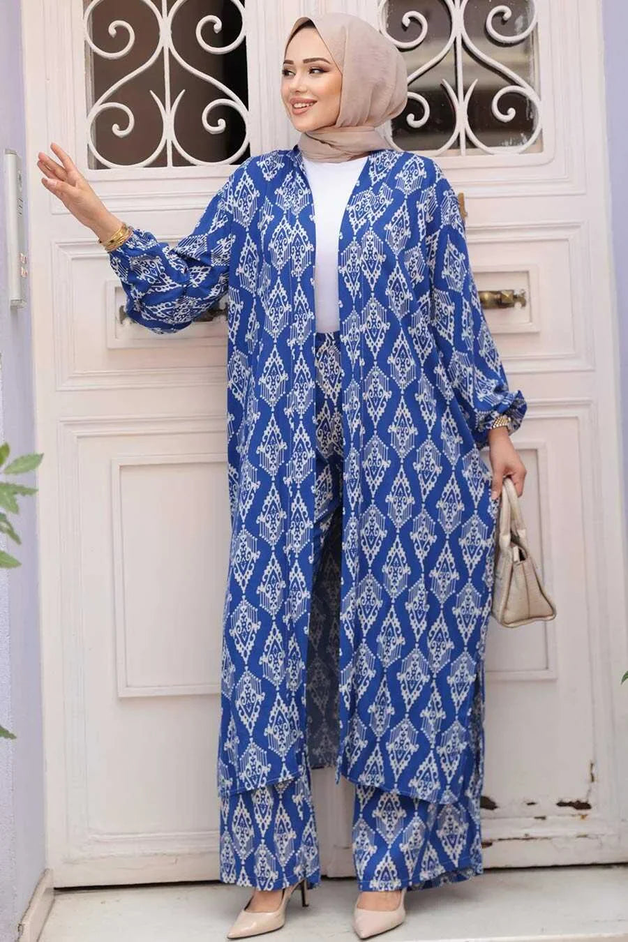 Blue Abstract Cardigan and Pants Set One Size S XL