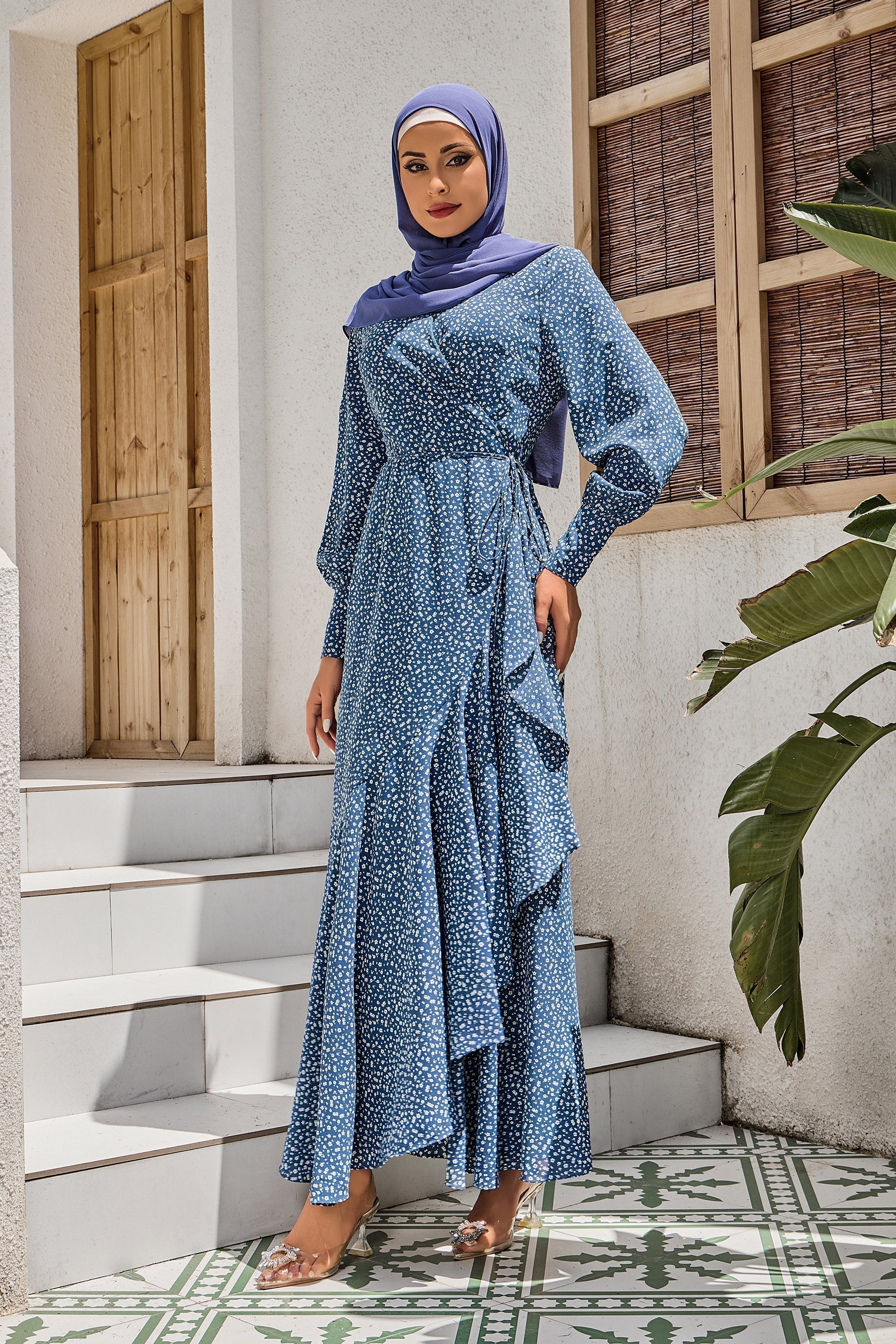 Blue Floral Print Wrap Maxi Dress