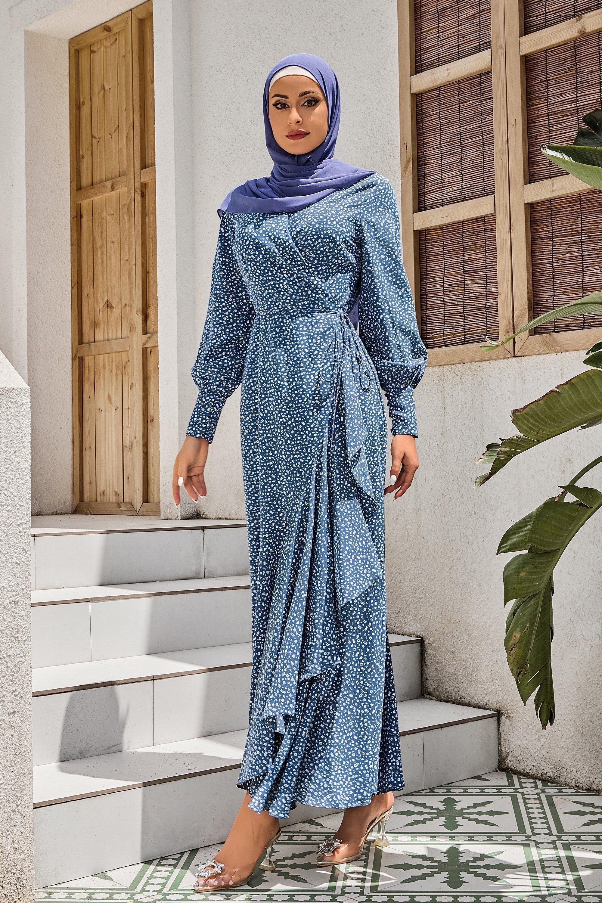 Blue Floral Print Wrap Maxi Dress