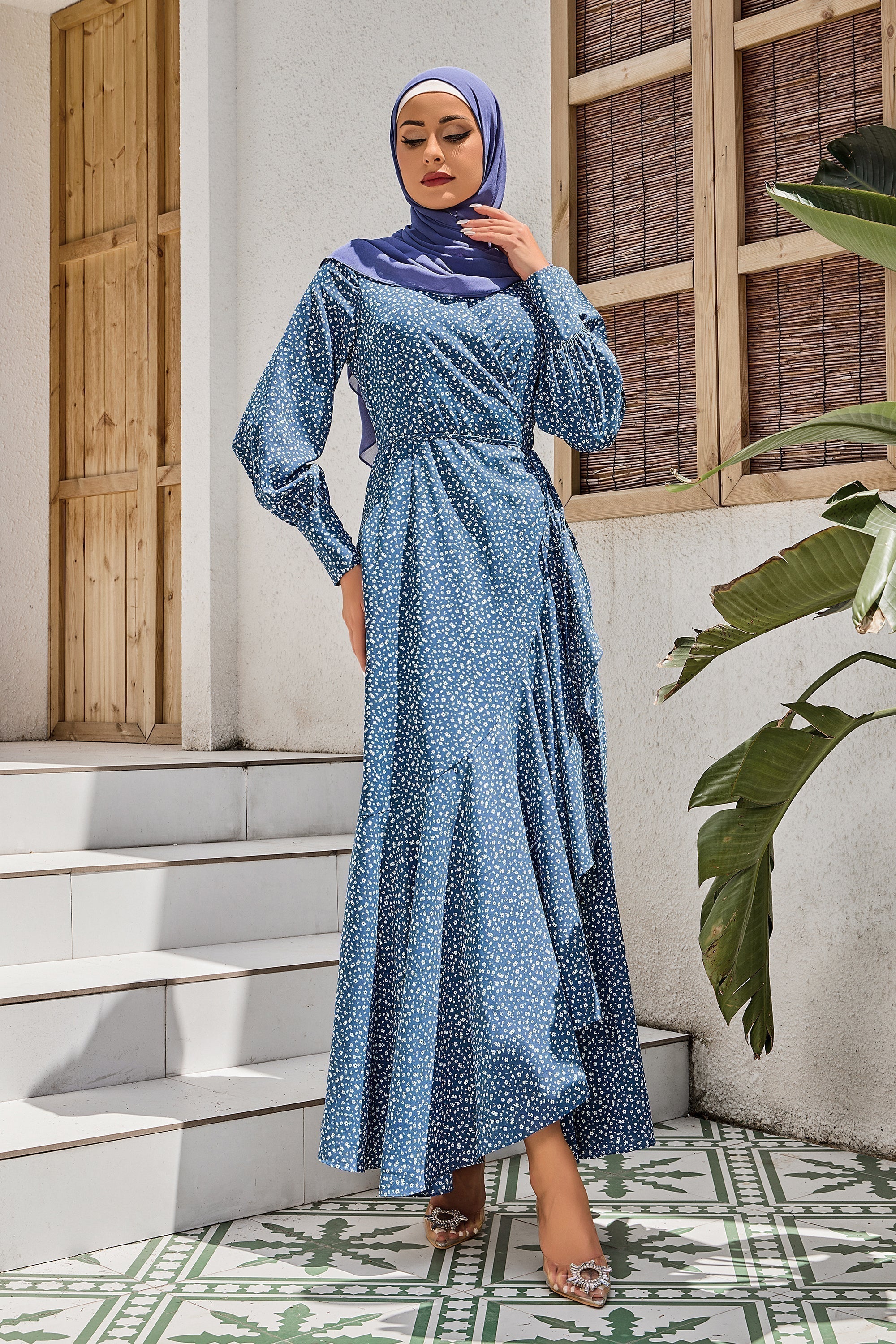 Blue Floral Print Wrap Maxi Dress