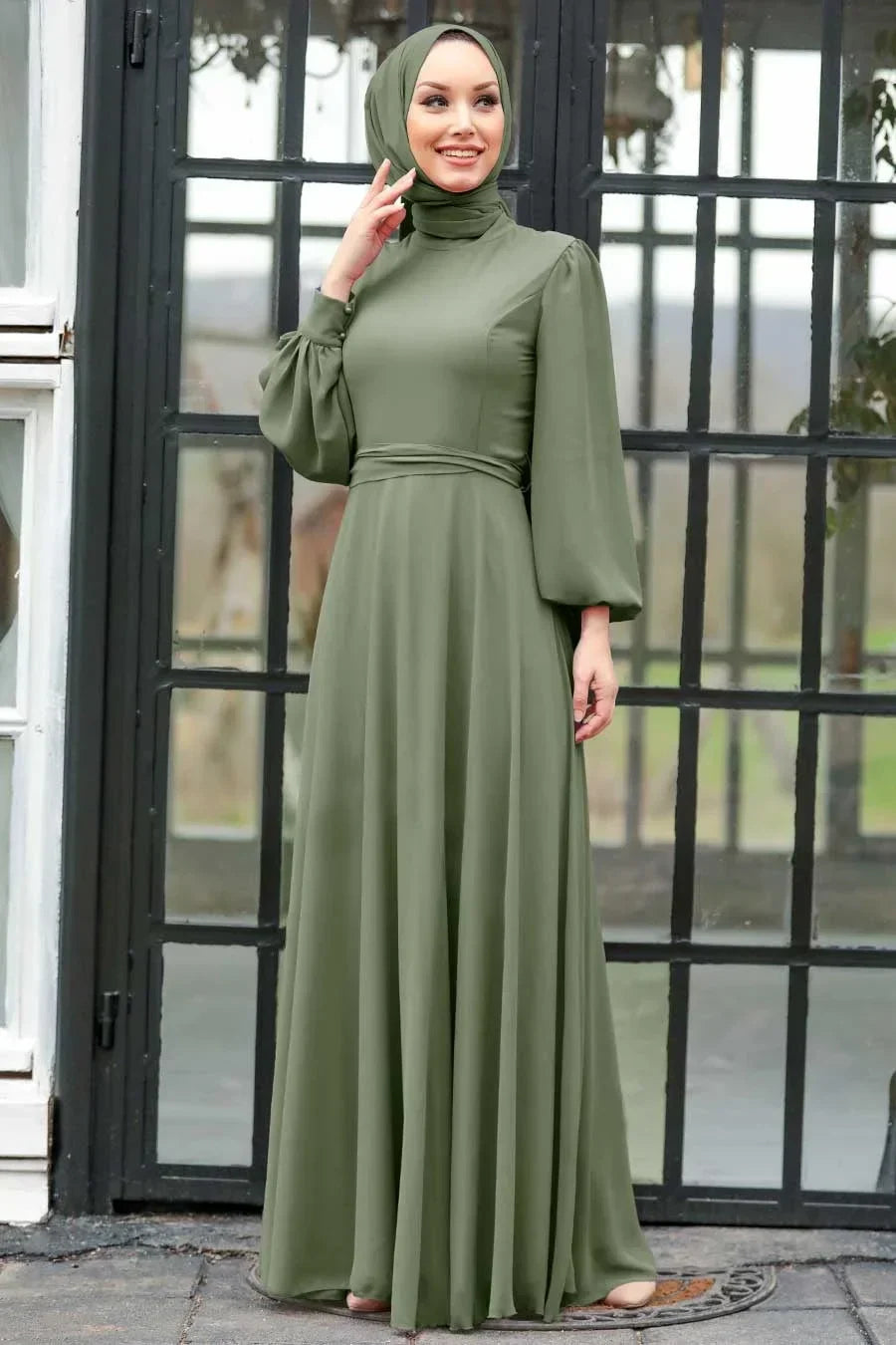 Chiffon Long Sleeve Gown - Moss Green / Small