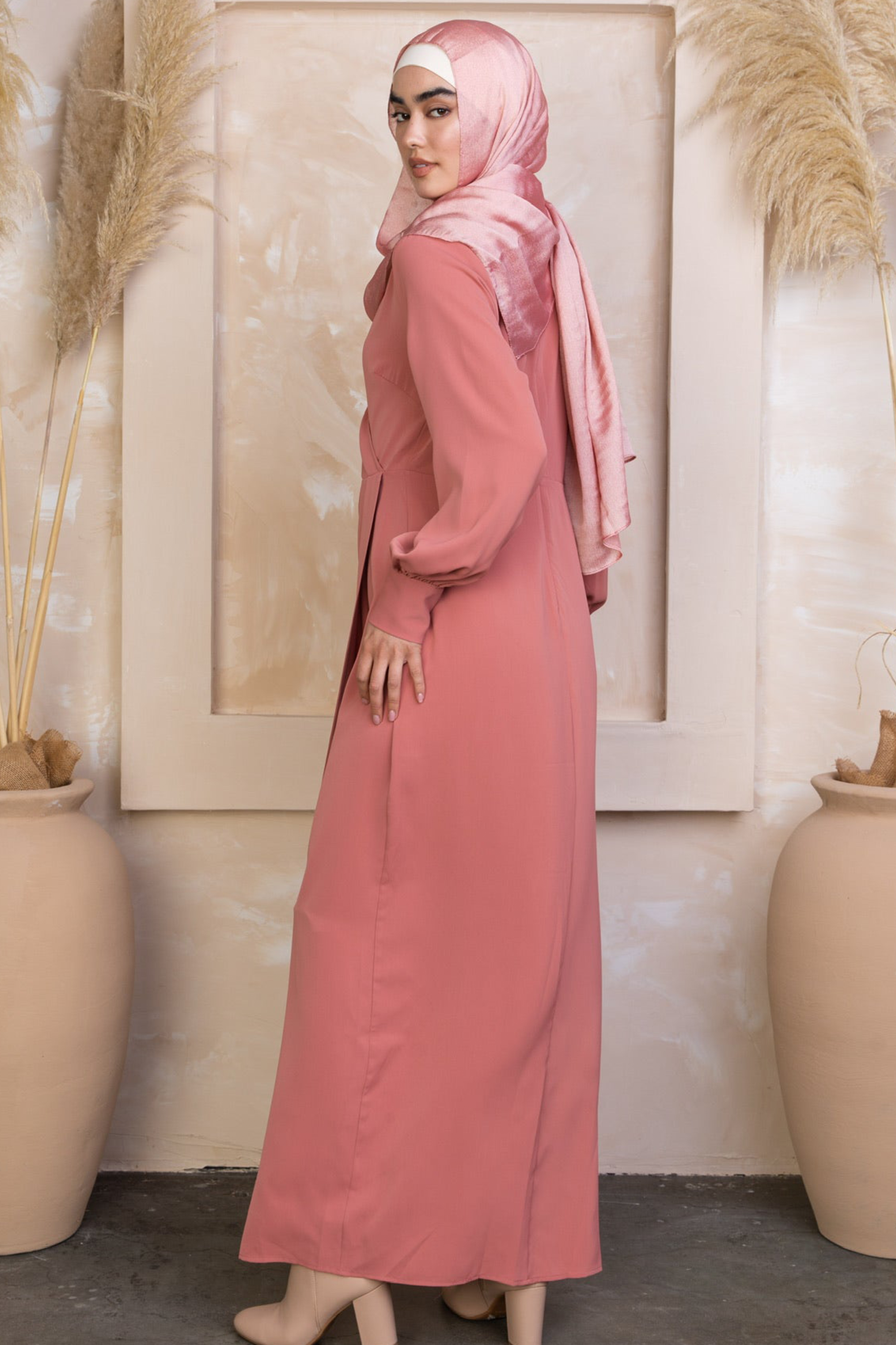 Long-sleeved pink Coral Wrap Maxi Dress with matching hijab