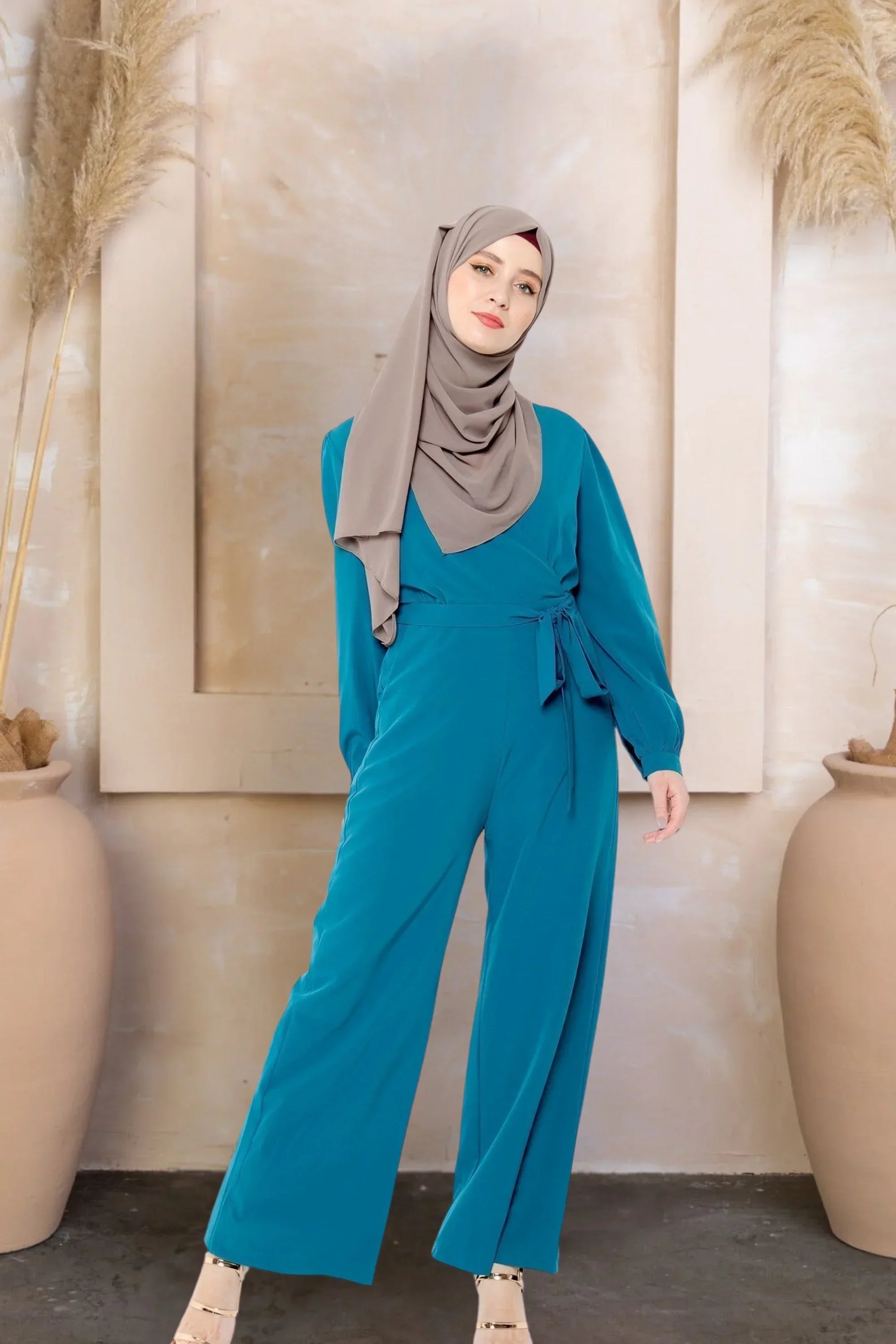 Criss Cross Long Sleeve Jumpsuit-CLEARANCE - Medium / Teal
