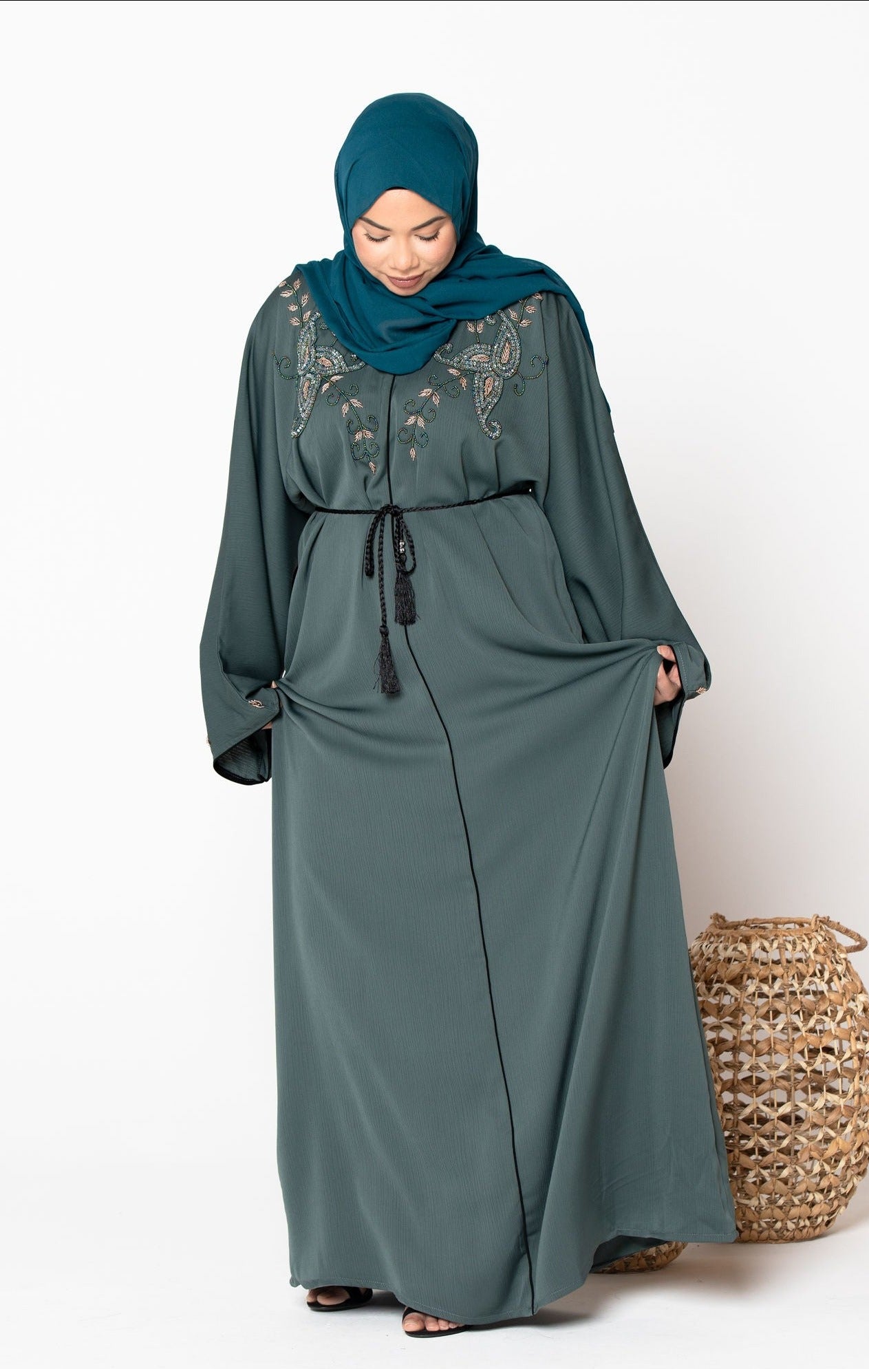 Olive Beaded Open Front Abaya-Preorder Ships July 15