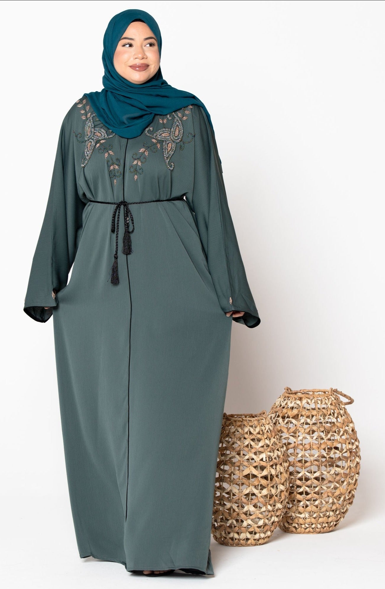 Olive Beaded Open Front Abaya-Preorder Ships July 15