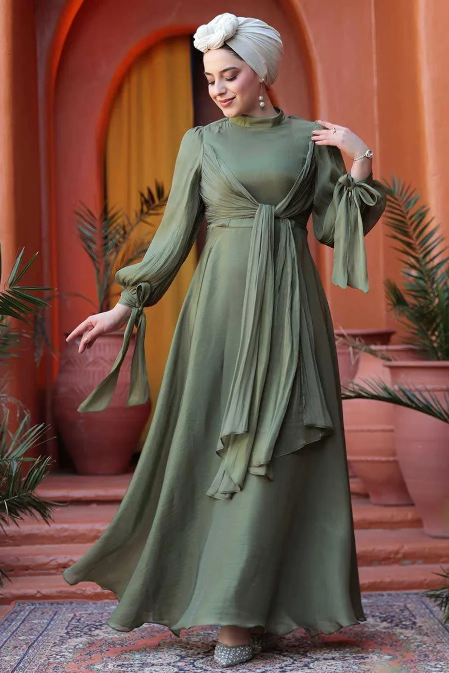 Olive Green Organza Criss Cross Gown