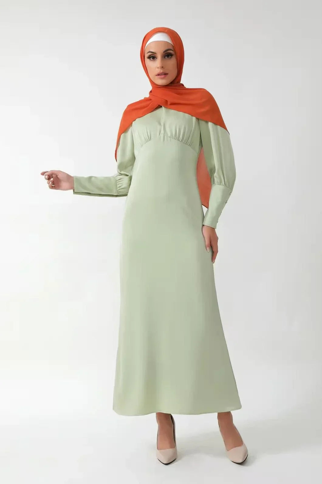 Pistachio Satin Long Sleeve Maxi Dress-CLEARANCE