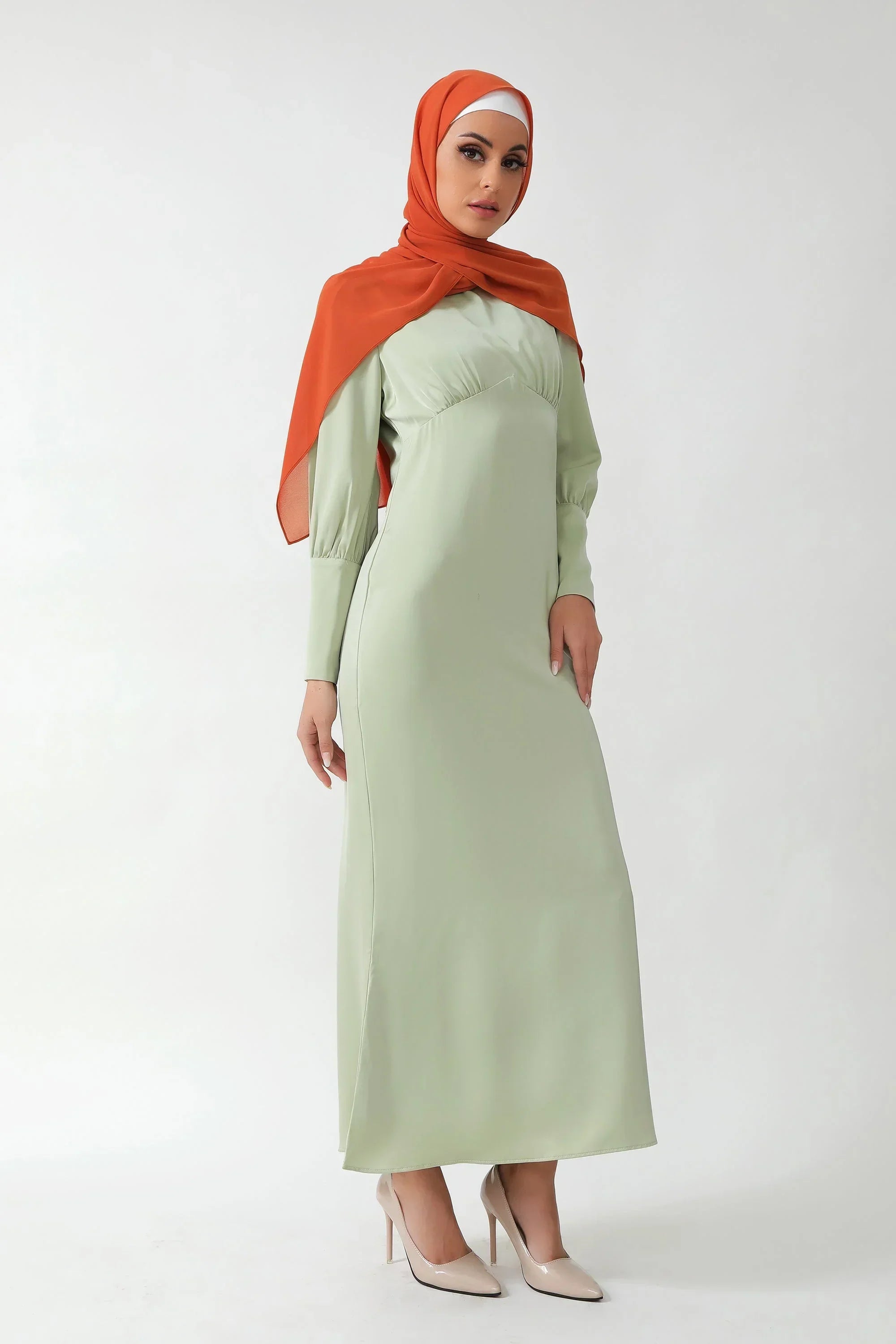Pistachio Satin Long Sleeve Maxi Dress-CLEARANCE