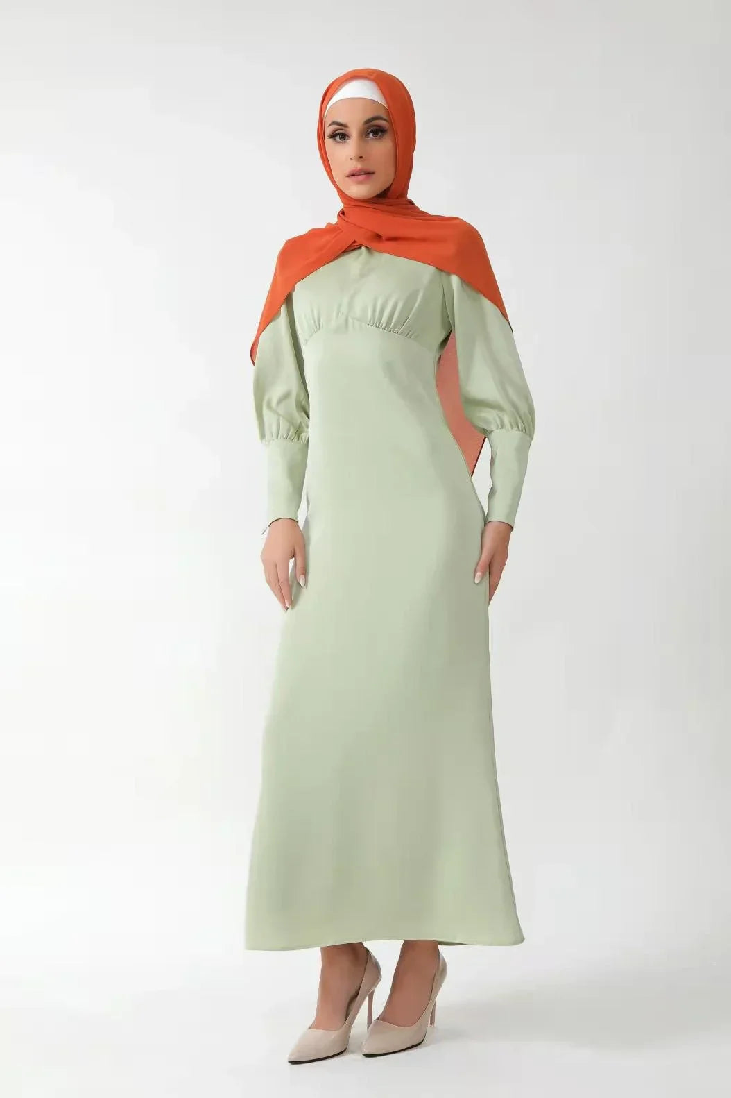 Pistachio Satin Long Sleeve Maxi Dress-CLEARANCE
