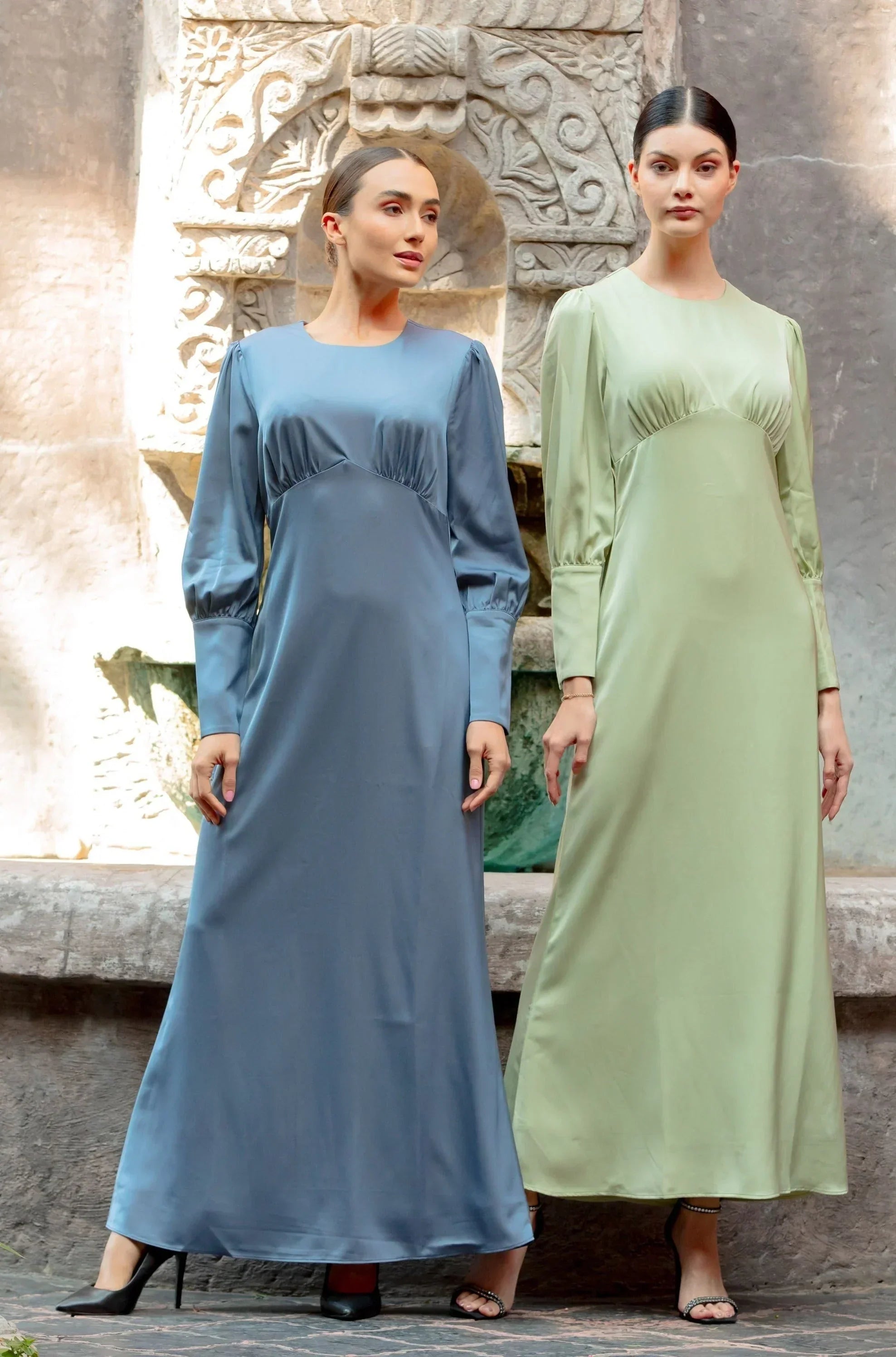Pistachio Satin Long Sleeve Maxi Dress-CLEARANCE