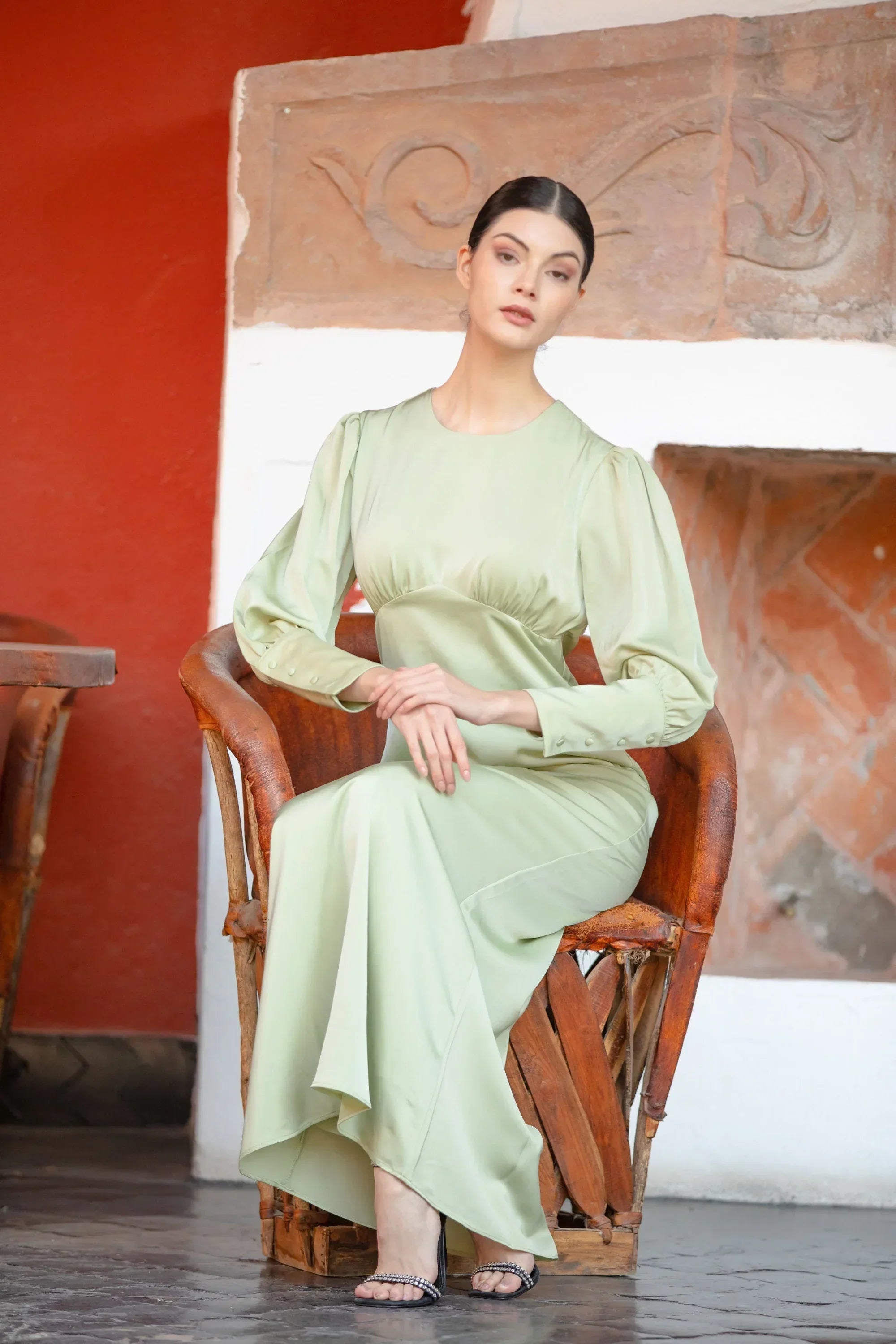 Pistachio Satin Long Sleeve Maxi Dress-CLEARANCE