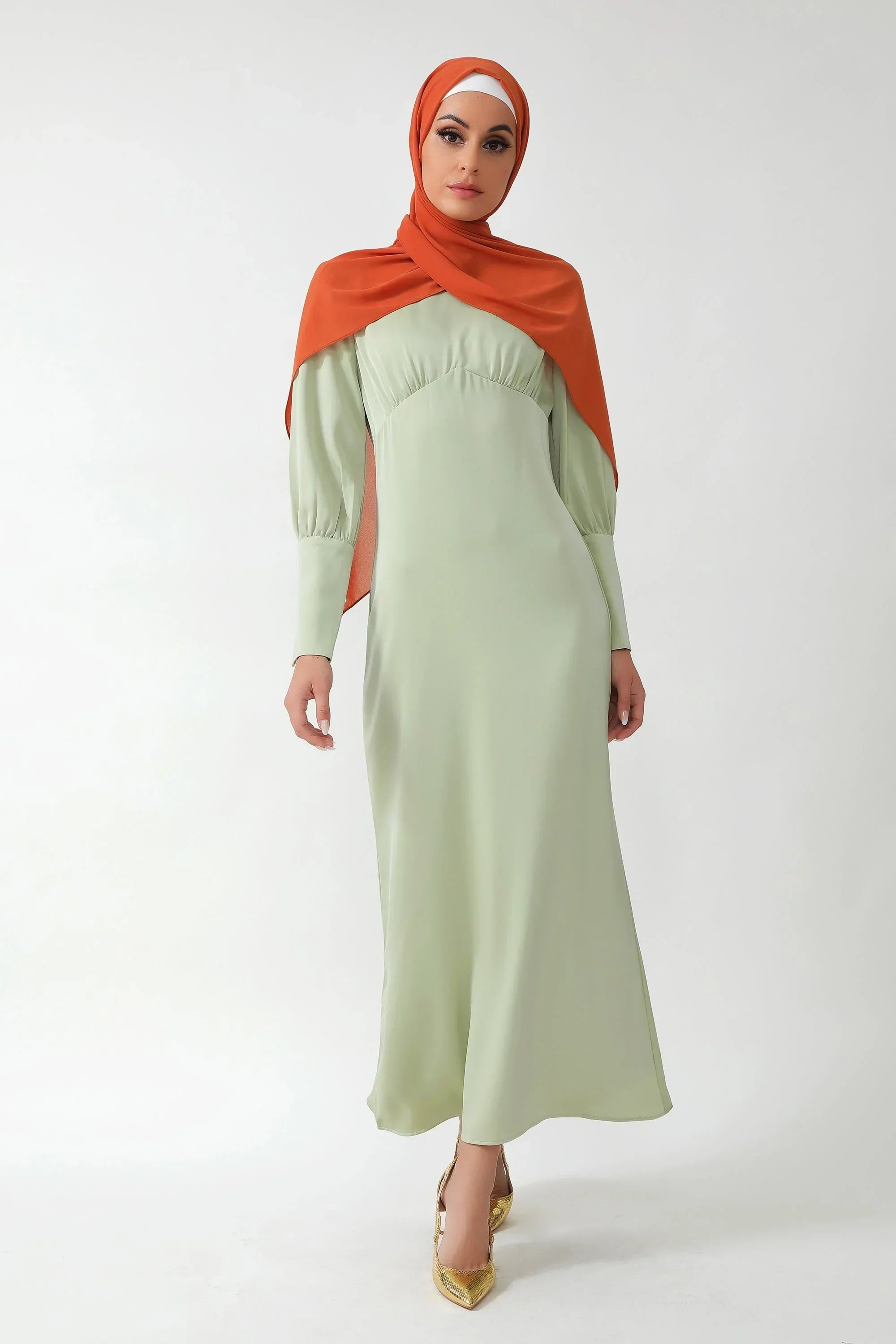 Pistachio Satin Long Sleeve Maxi Dress-CLEARANCE
