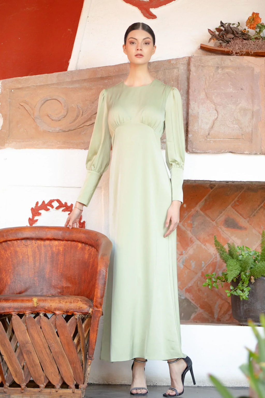 Pistachio Satin Long Sleeve Maxi Dress-CLEARANCE