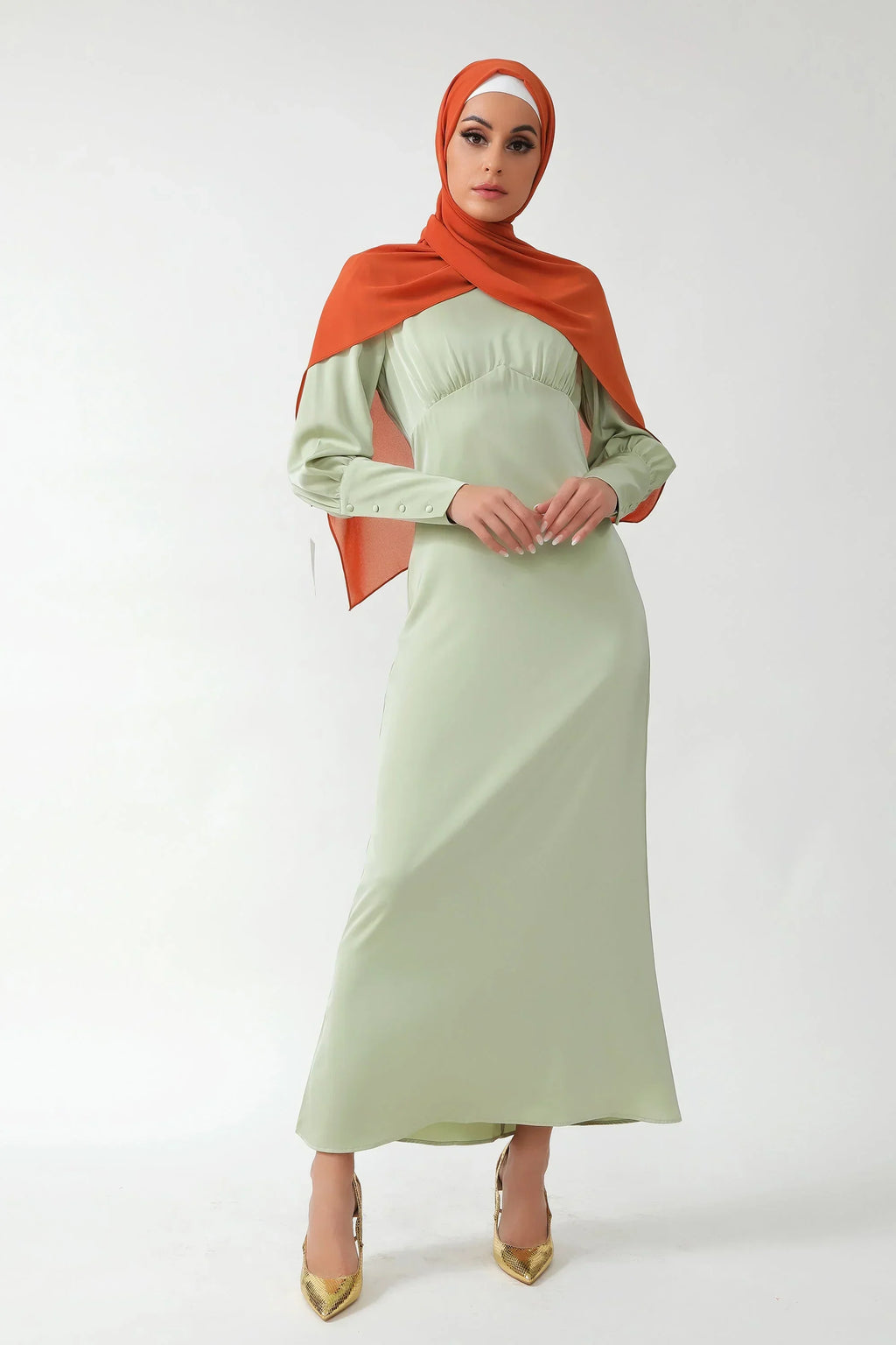 Pistachio Satin Long Sleeve Maxi Dress-CLEARANCE