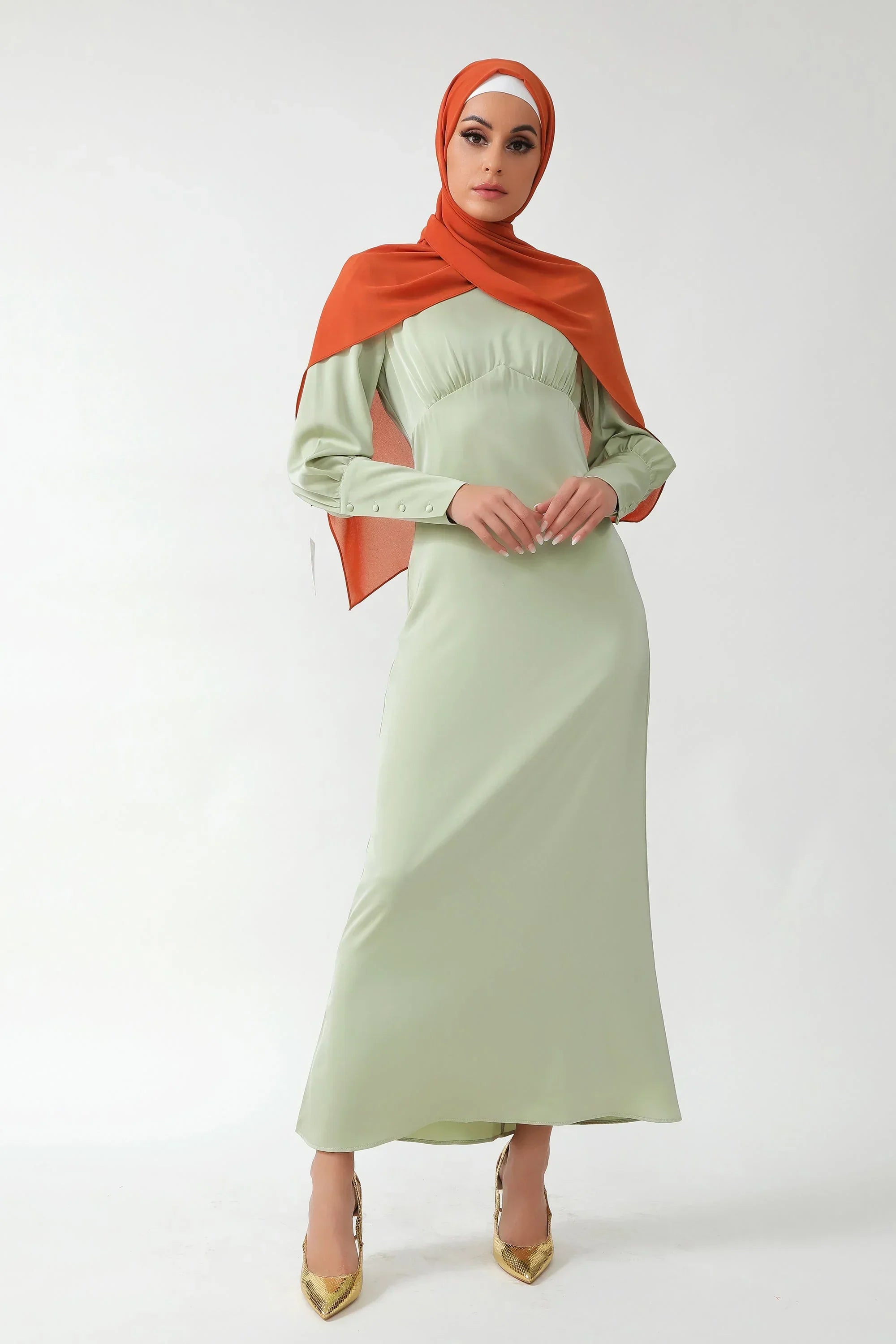 Pistachio Satin Long Sleeve Maxi Dress-CLEARANCE