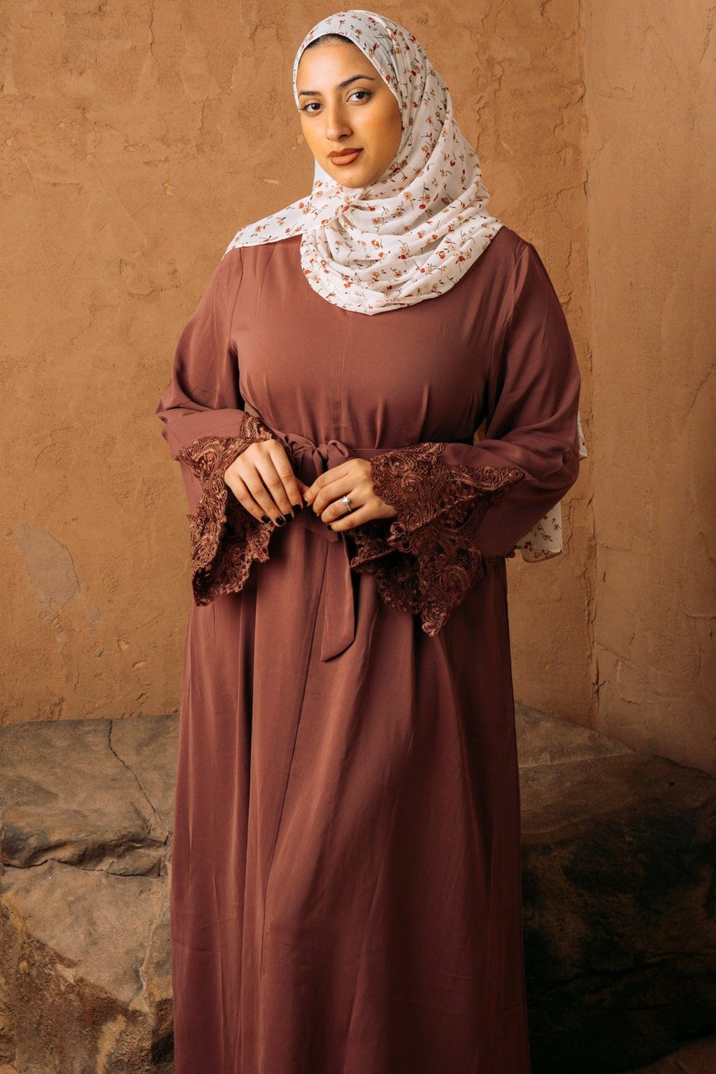 Elegant brown abaya with floral hijab and purple lace sleeve front zipper