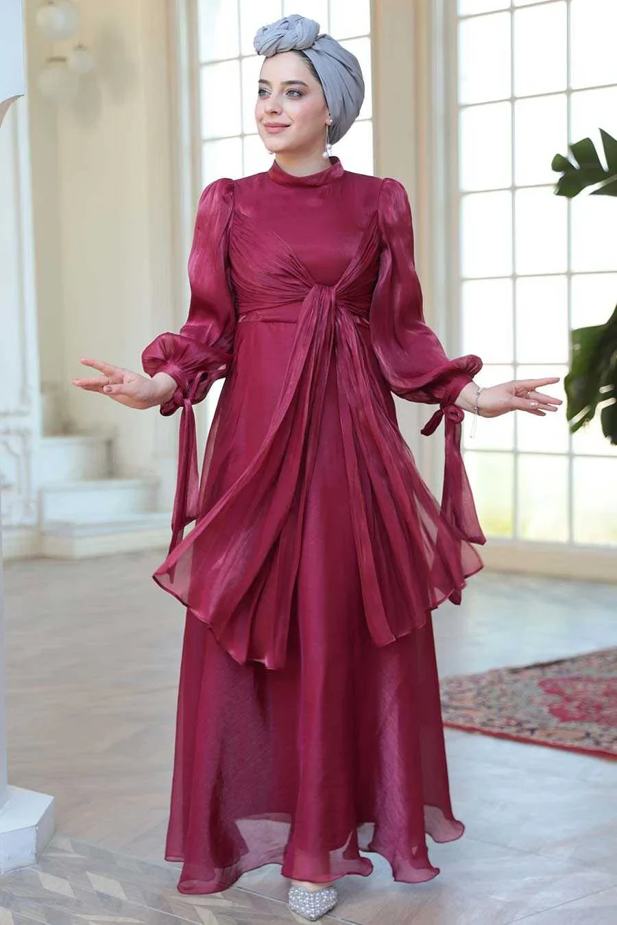 Red Organza Criss Cross Gown