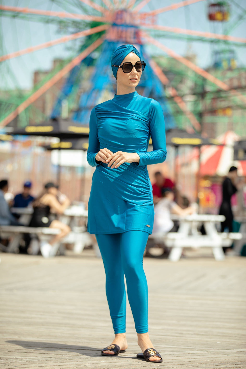 Teal ruched 3-piece modest swimsuit on clearance