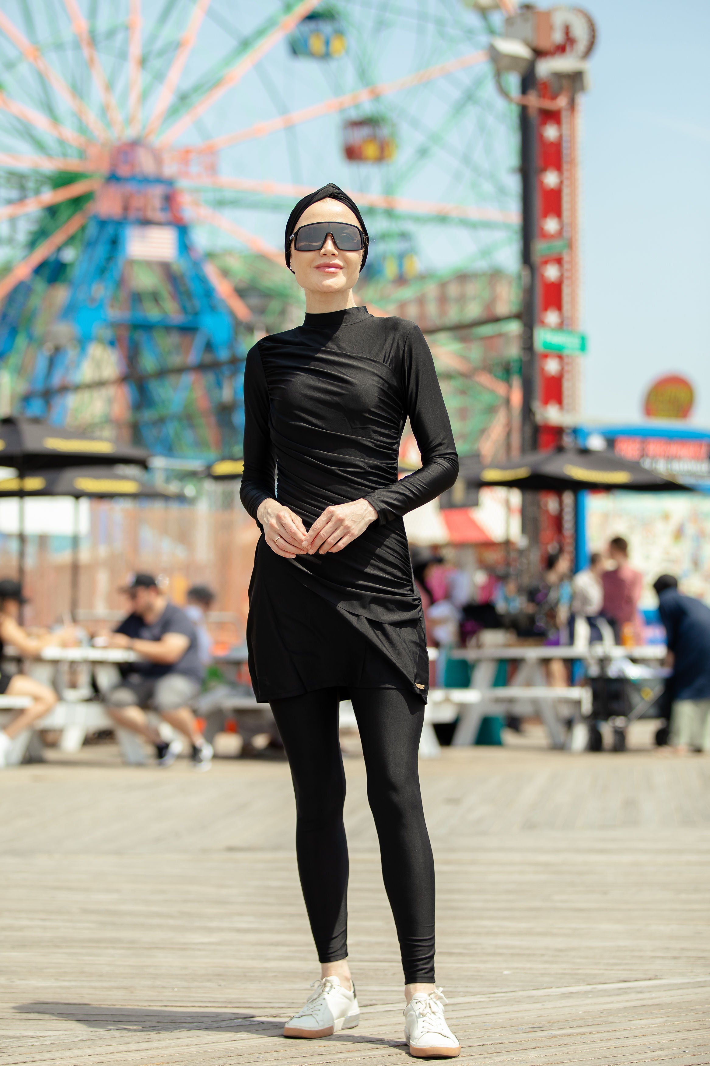 Black ruched 3-piece modest swimsuit in clearance