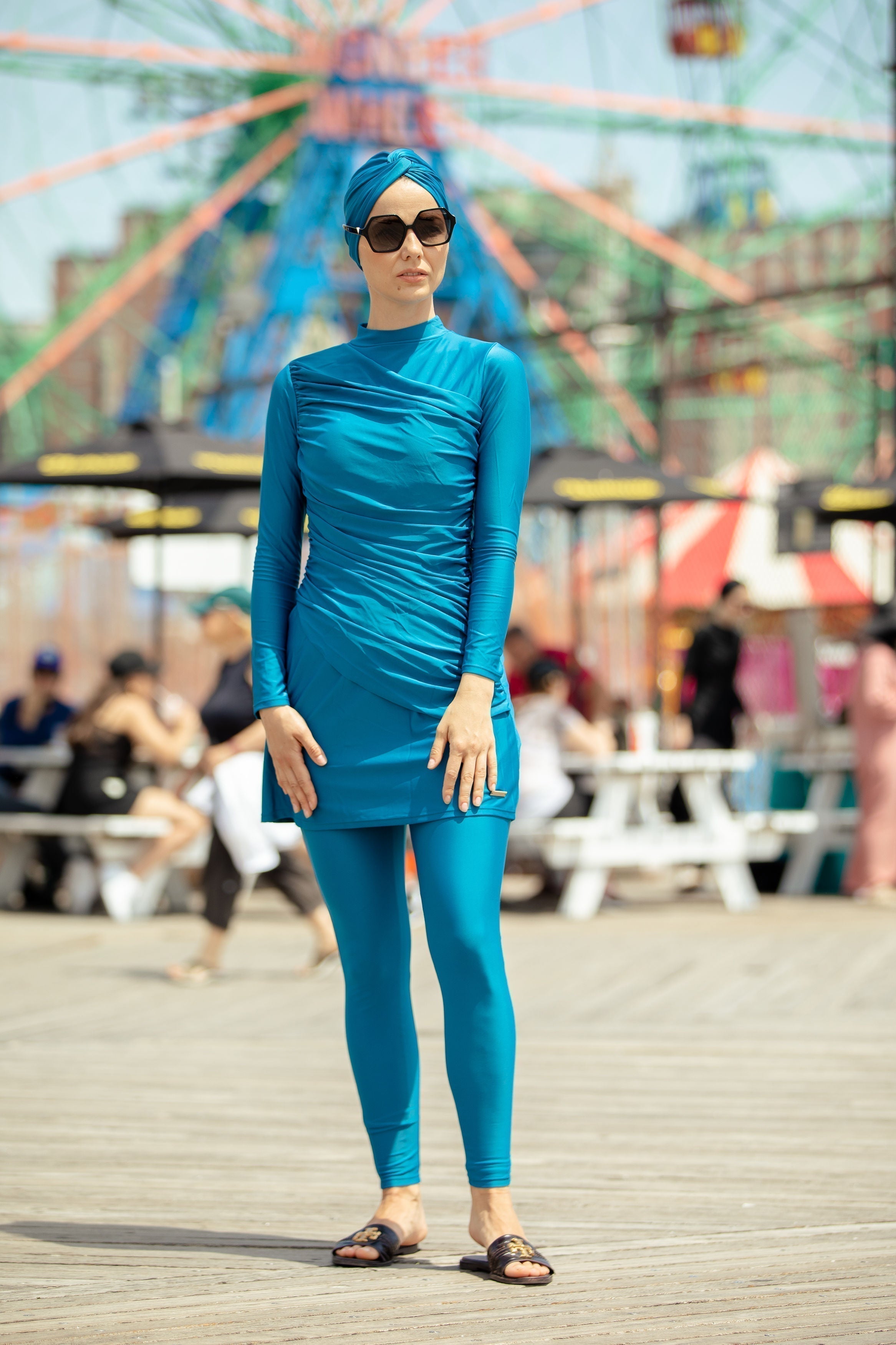 Blue Ruched 3-Piece Modest Swimsuit on Clearance