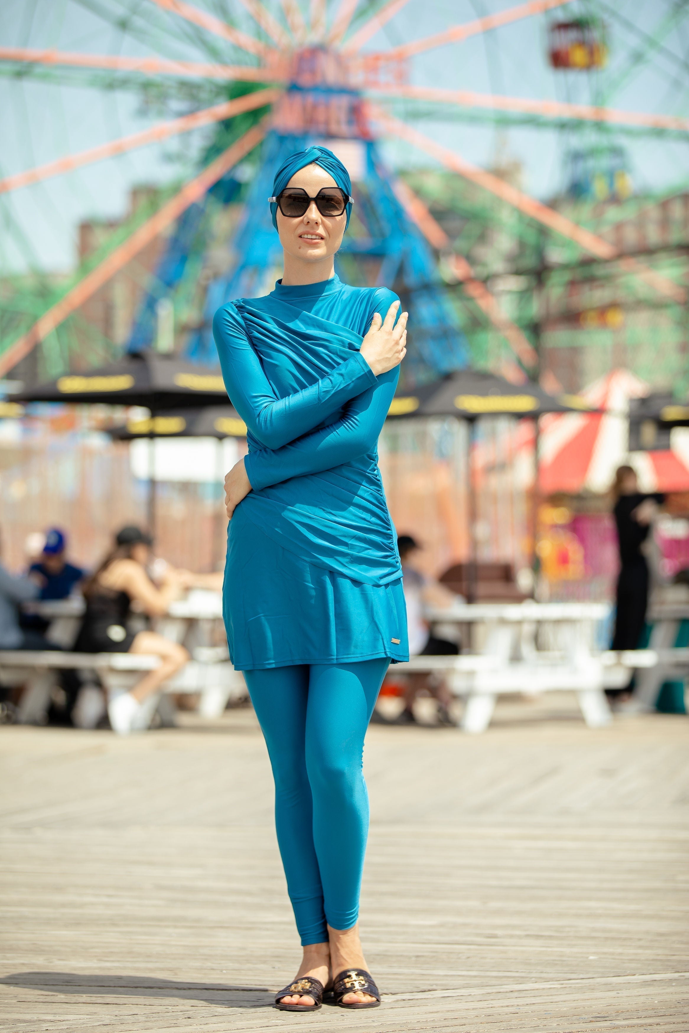 Blue Ruched 3-Piece Modest Swimsuit on Clearance