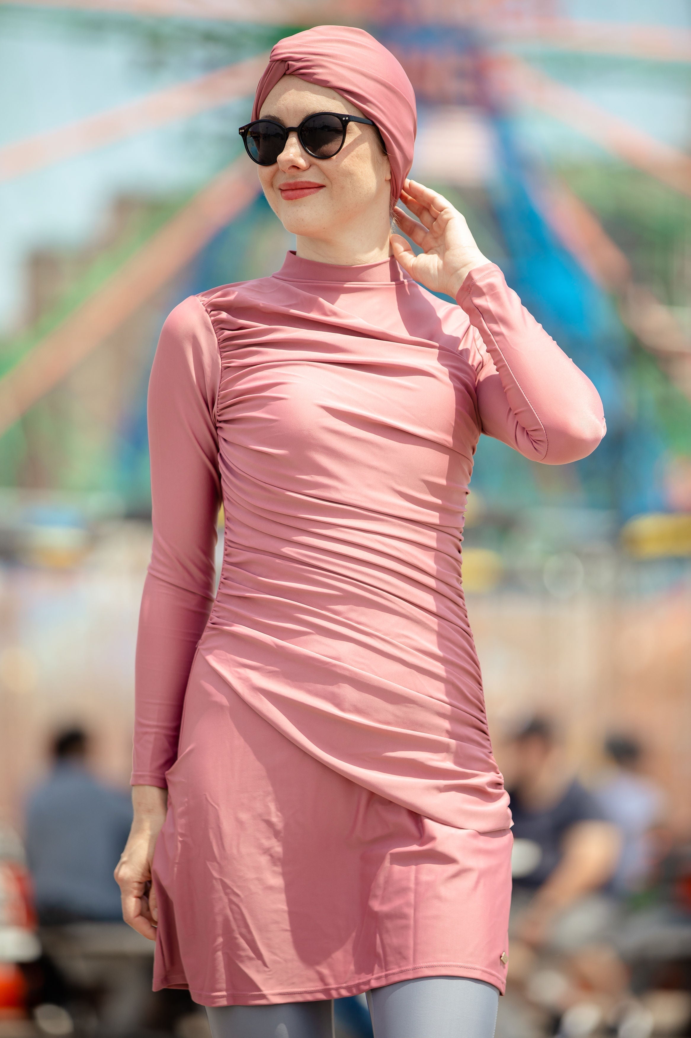 Modest ruched 3-piece pink long-sleeved swimsuit on clearance