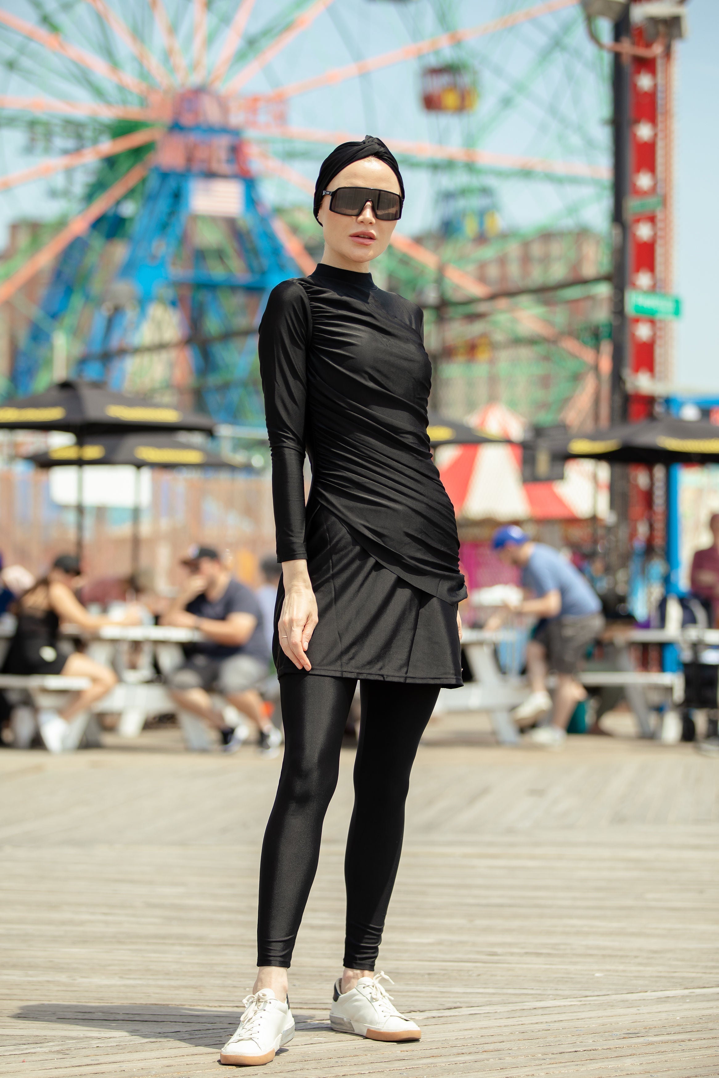 Black ruched 3-piece modest swimsuit in clearance