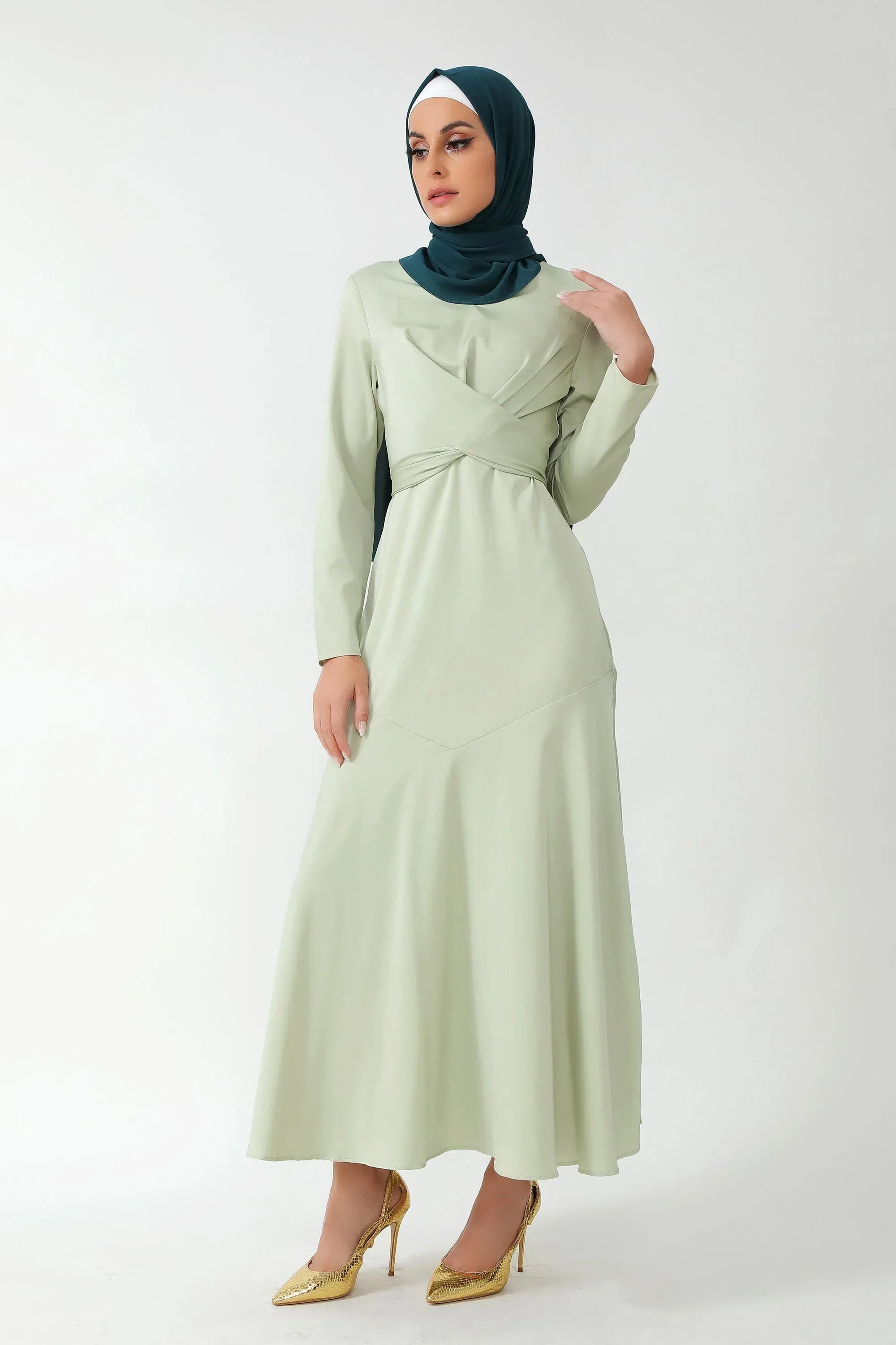 Sage Green Criss Cross Satin Long Sleeve Maxi Dress-CLEARANCE
