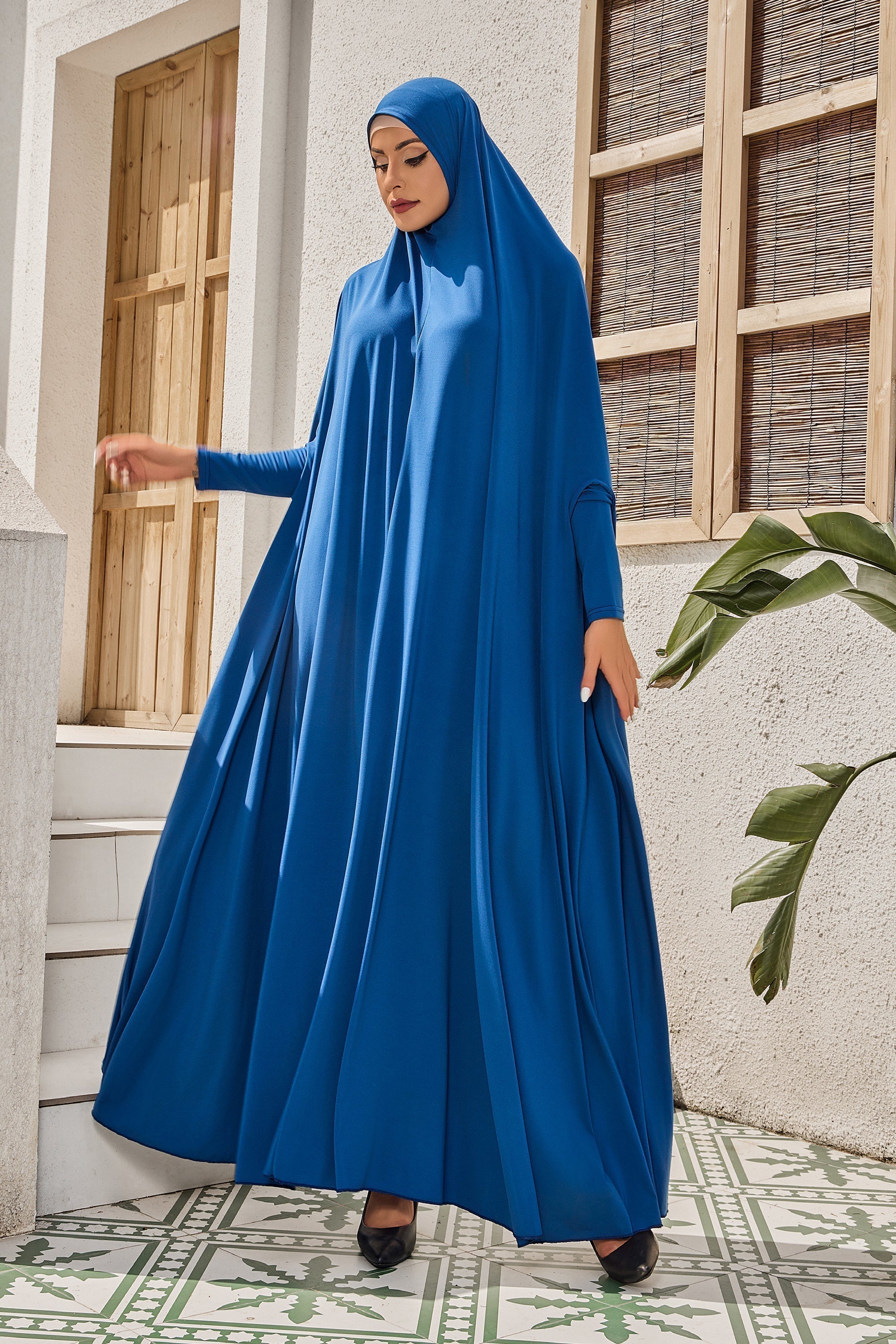 Teal long-sleeved hooded one-piece Salah prayer dress