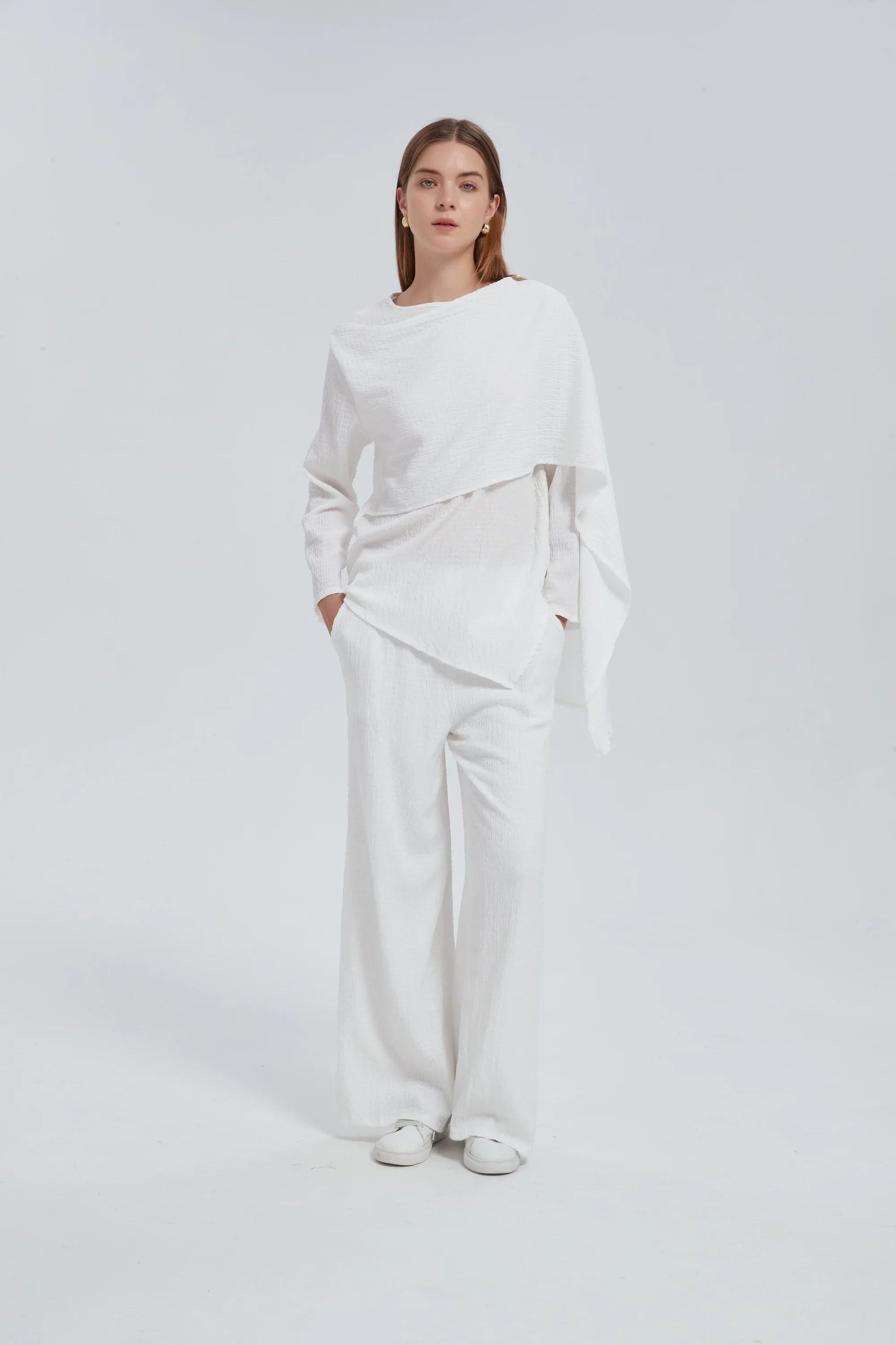 White Side Draped Pants Set One Size (S L) / White